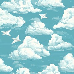 Fototapeta premium seamless pattern of fluffy clouds with floating paper planes