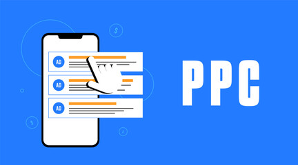 PPC advertising, Digital marketing illustration. Traffic analysis, targeted ads, revenue growth charts. Visualizing pay-per-click strategies with cursor clicks on ppc ads, ideal for online promotion