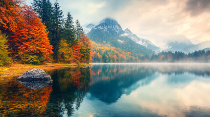  "Autumn Lake with Mountain Background and Vibrant Foliage"