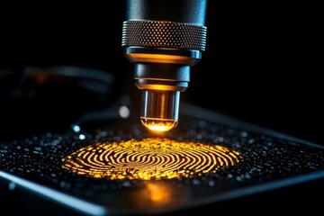 Magnified fingerprint under a microscope in a forensic lab, capturing the extreme detail and scientific approach to identity analysis, symbolizing focus and meticulousness