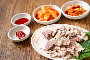 Boiled pork on a plate, Korean food 