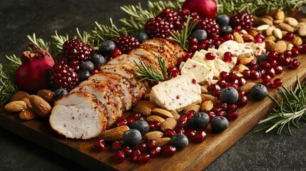 A festive charcuterie board featuring a selection of smoked gouda, peppered turkey slices, fresh berries, and toasted almonds, with rosemary sprigs