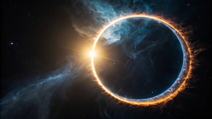 Obraz premium A luminous celestial ring, ablaze with fiery energy, dances across the cosmic canvas, its ethereal glow casting shadows on the distant stars.