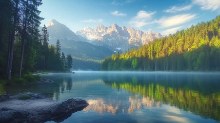 Fototapeta premium Serene Mountain Lake with Crystal Clear Water