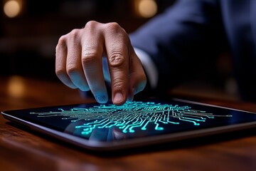 Fototapeta premium Person receiving a digital subpoena on a tablet with holographic details, capturing the high-tech, formal tone of modernized legal proceedings, symbolizing advancement and compliance