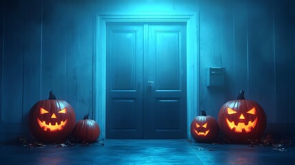 Fototapeta premium Spooky halloween scene with glowing jack-o'-lanterns at an eerie doorway