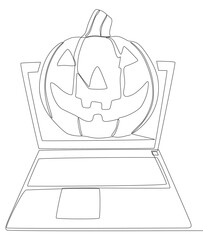 One continuous line of Laptop with Halloween pumpkin. Thin Line Illustration vector concept. Jack O' Lantern and Notebook Contour Drawing Creative ideas.