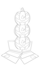 One continuous line of Laptop with Halloween pumpkin. Thin Line Illustration vector concept. Jack O' Lantern and Notebook Contour Drawing Creative ideas.