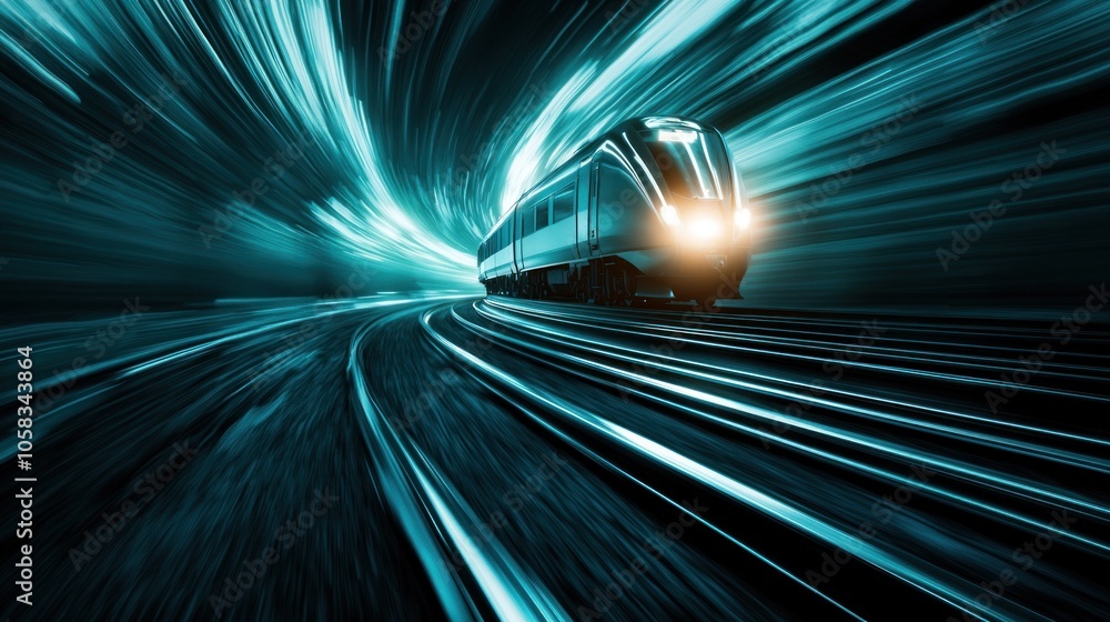 Poster high-detail image of a hydrogen-powered train in a futuristic setting with dynamic motion effects an