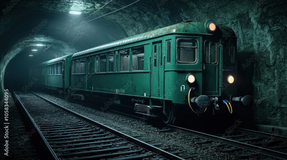Poster high-detail image of a hydrogen-powered train in a dimly lit tunnel setting for advanced transportat