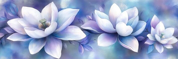 A serene illustration of elegant flowers in soft blue and purple hues.