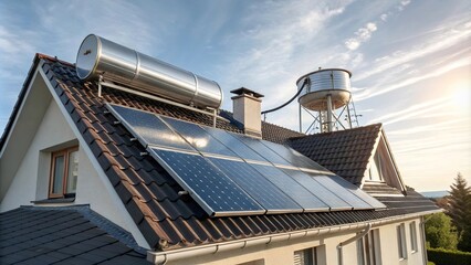 Fototapeta premium A residential rooftop showcasing an array of solar panels integrated with a water heater and a storage tank, exemplifying sustainable energy solutions for modern homes.