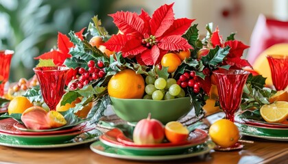 A festive Christmas brunch table with bright colors, fresh fruit, and a centerpiece of poinsettias and citrus, paired with cheerful red and green tableware