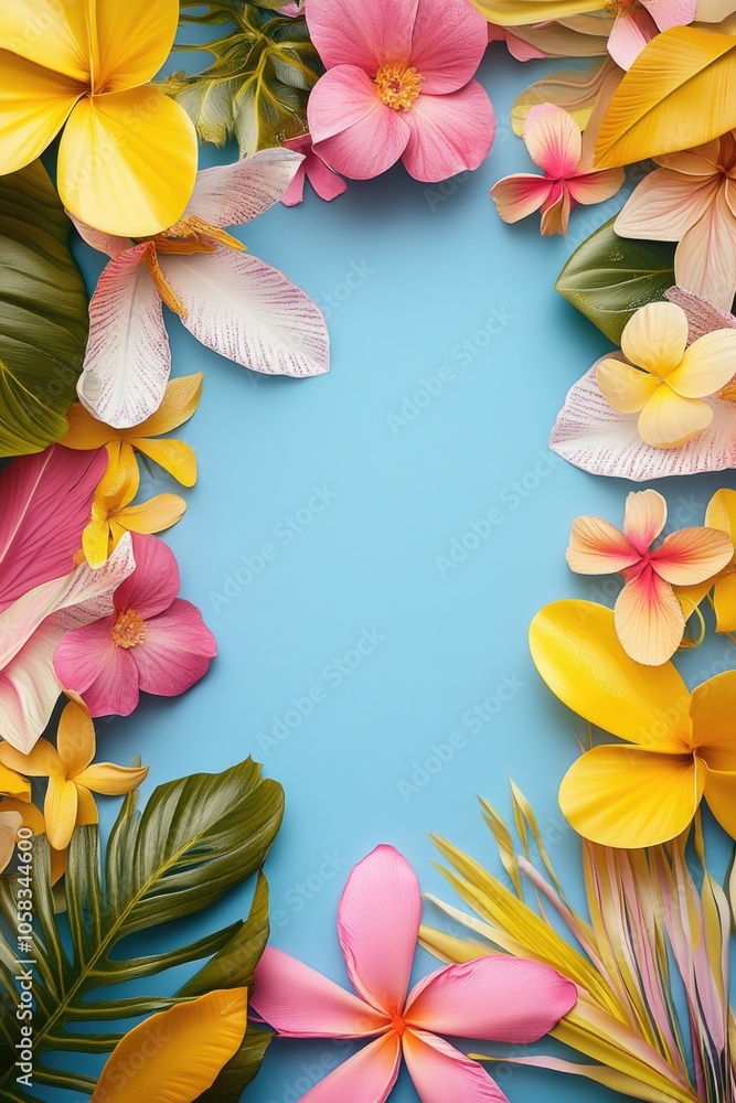 Wall mural Paper flower frame on blue background