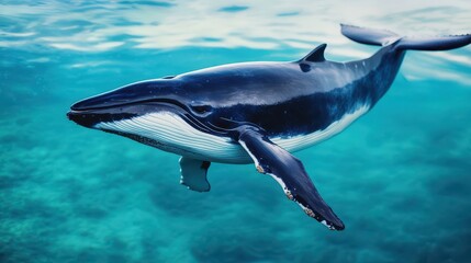 Obraz premium A majestic whale gracefully swimming in crystal clear ocean waters, showcasing its grandeur and beauty in a natural habitat.