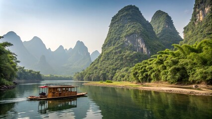 Fototapeta premium A Wooden Boat Tranquilly Navigates Through a Lush Landscape of Towering Karst Mountains and Verdant Foliage, Reflecting the Serenity of the River and the Majestic Beauty of Nature