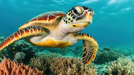 Obraz premium A graceful sea turtle gliding through vibrant coral reefs, showcasing the beauty of marine life in a crystal-clear ocean.