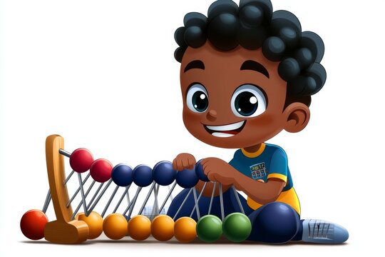 a 2D cartoon illustration of a child practicing math on an abacus hands-on and smart white background