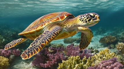 Obraz premium A vibrant sea turtle glides gracefully through a colorful coral reef, showcasing the beauty of marine life in clear waters.