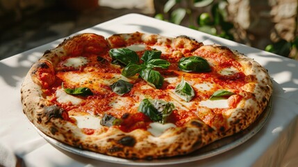 Margherita pizza cooked in a wood-fired oven and presented al fresco on a white tablecloth.