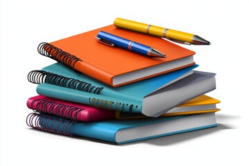 Fototapeta premium a 2D cartoon illustration of a stack of notebooks with colorful pens ready for class white background