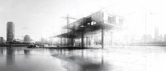 Fototapeta premium A monochromatic architectural rendering of a modern building under construction.