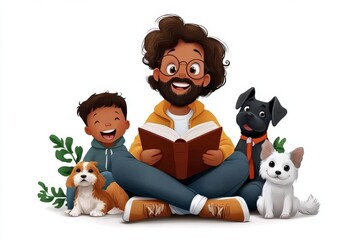 a 2D cartoon illustration of a teacher holding a book while kids listen attentively engaging and supportive white background