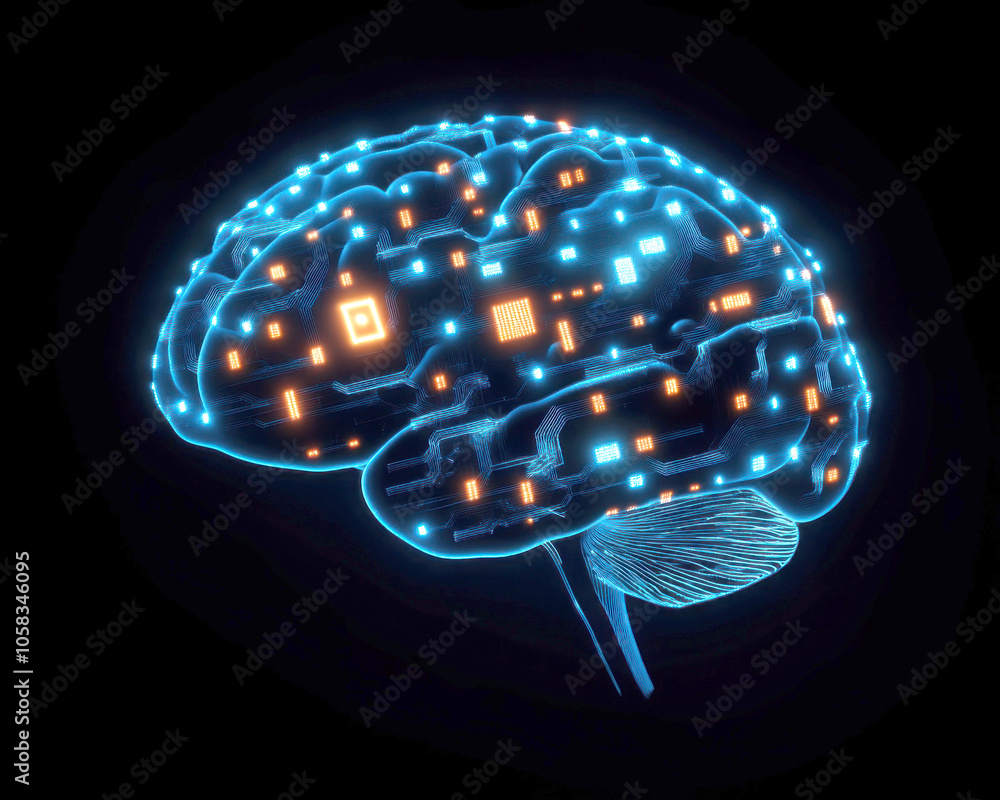 Poster futuristic brain design with glowing connection lines.