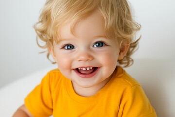 2D illustration of a small child smiling with wide eyes, on a white background capturing the pure, simple beauty of innocence, symbolizing clarity and joy