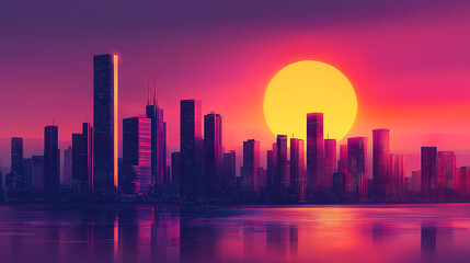 Futuristic city skyline at sunset with vibrant neon lights reflecting on water