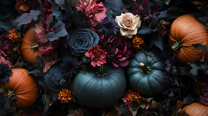 Gothic Halloween flowers and pumpkins create vibrant autumn display