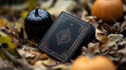 spooky tarot card surrounded by autumn leaves and pumpkins evokes mysterious atmosphere