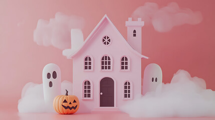 pastel minimalist haunted house with ghosts and pumpkin evokes Halloween spirit