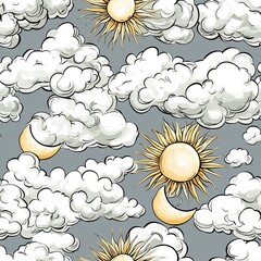 seamless pattern of fluffy clouds with sun and moon elements