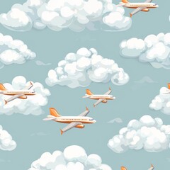 Naklejka premium seamless pattern of fluffy clouds with tiny airplanes