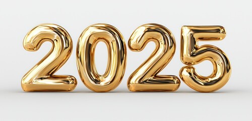 3D "Happy New Year 2025" in gold, isolated on a transparent background.