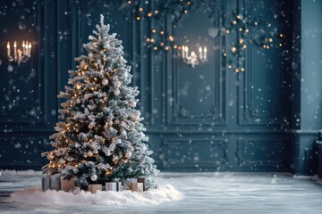Snowy Christmas scene with tree, styled in classic blue winter theme.