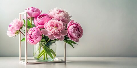 Obraz premium Elegant peonies nestled within a sleek and modern glass frame, botanical print, modern decor, peonies, elegant design