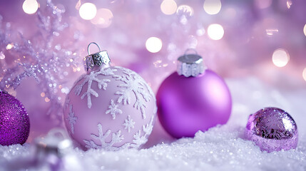 Fototapeta premium Delicate lavender ornaments and snowflakes create festive atmosphere