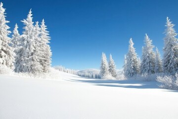 Serene winter landscape with snow-covered pine trees under clear blue sky