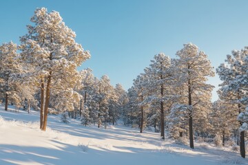 Serene winter landscape: snow-covered trees under a clear blue sky