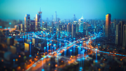 Obraz premium Smart digital Innovation city with connection network reciprocity over the cityscape. of future smart wireless digital city and social media networking systems that connects people with in city