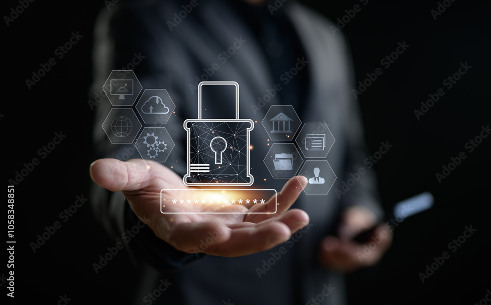 Poster cybersecurity and privacy concepts to protect data. lock icon and internet network security technolo