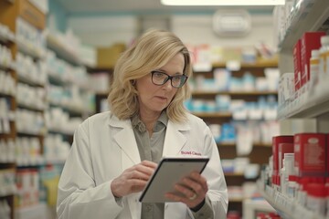 Female Arena Staff in White Coat Examines Pill Shelves with iPad in Hand at Pharmacy