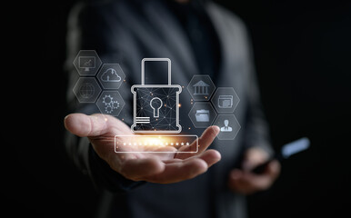 Cybersecurity and privacy concepts to protect data. Lock icon and internet network security technology. Businessman protecting personal data on smartphone, virtual screen interfaces. cyber security.