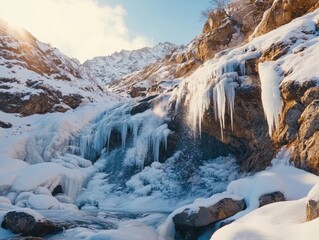 Majestic frozen waterfall in snowy mountain landscape with icicles