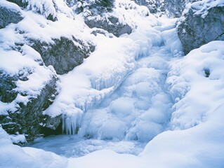 Frozen waterfall cascade in winter wonderland amidst snowy cliffs and icicles