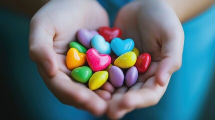 Colorful heart-shaped candies held in hands, a symbol of care and sweetness. A beautiful and charming sight that brings joy and warmth.
