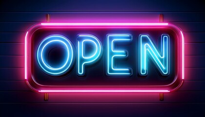Bright neon Open sign glowing against a dark background in an evening city setting. Generative AI