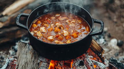 Fototapeta premium pot of hot stew simmering over open fire, creating warm atmosphere